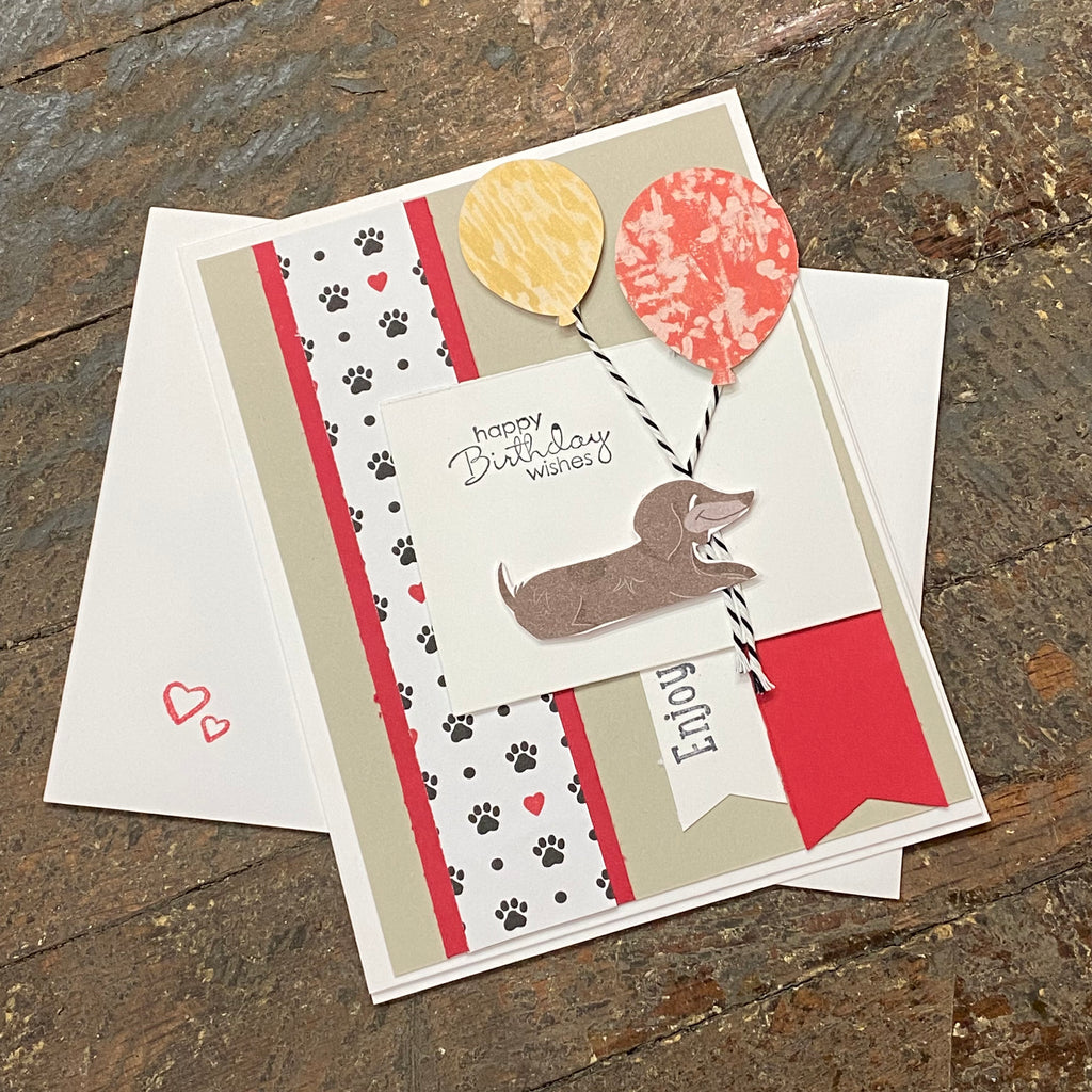 Best Wishes Weiner Dog Balloon Design Handmade Stampin Up Greeting Card with Envelope