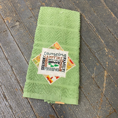 Kitchen Hand Towel Quilt Cloth Camping Campfire Memories Embroidered Green