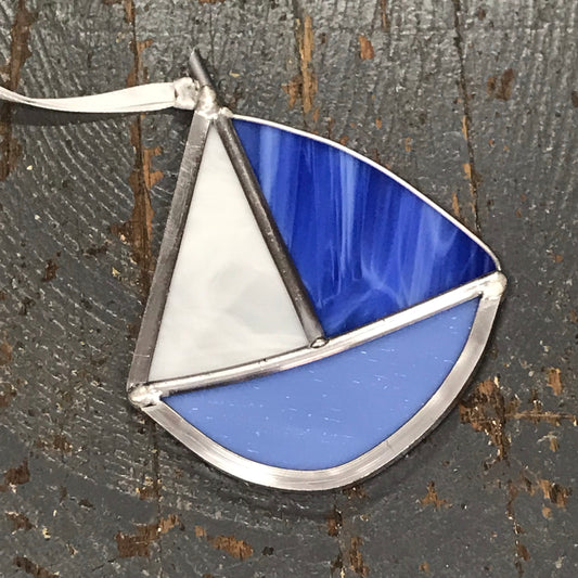 Stained Glass Sun Catcher Ornament Sailboat Blue White Sail Blue Boat
