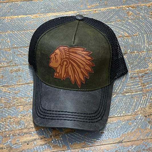 Indian Head Leather Patch Green Leather Trucker Ball Cap