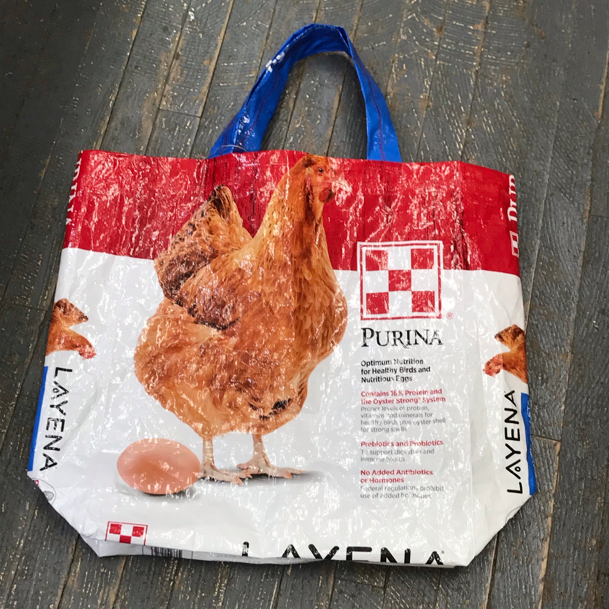 Upcycled Tote Purse Feed Bag Handmade Large Purina Red Blue Chicken Seed Handle Bag