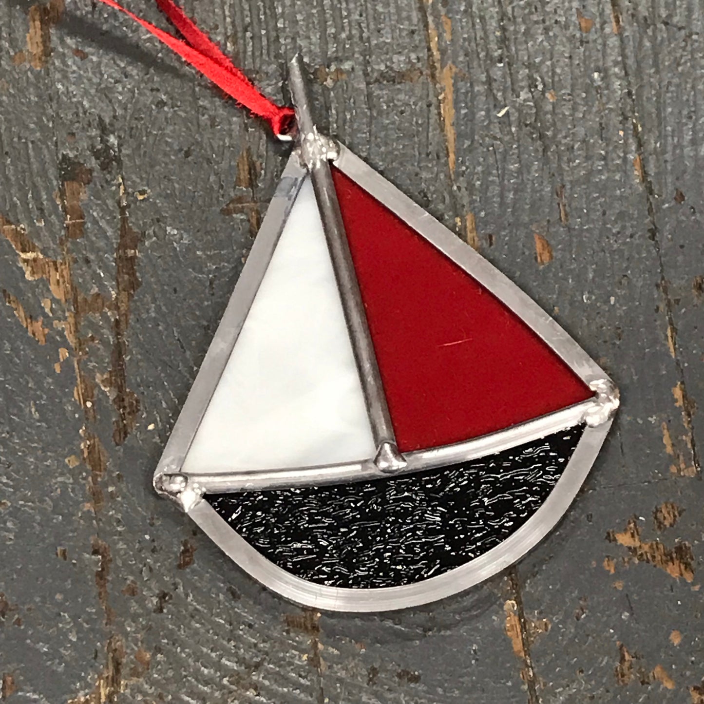 Stained Glass Sun Catcher Ornament Sailboat Red White Sail Brown Boat