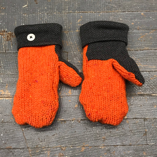 Upcycled Sweater Fleece Lined Mittens Orange Chevron Grey Stripe