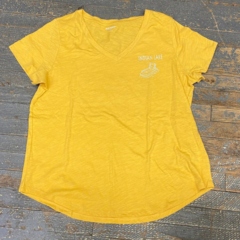 Indian Lake Pontoon Graphic Designer Short Sleeve V-Neck Scoop Neck Ladies T-Shirt Golden Yellow