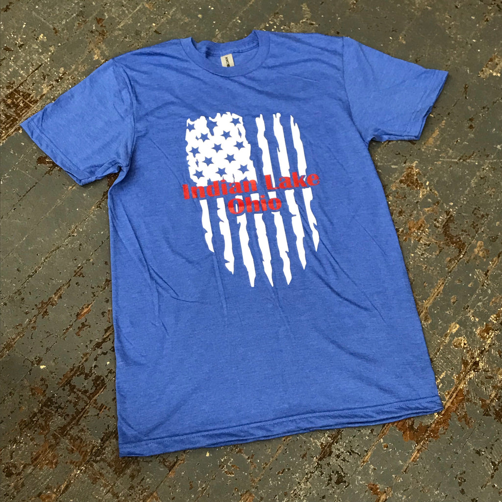 Indian Lake Ohio American Flag Vertical Short Sleeve T-Shirt Blue Graphic Designer Tee