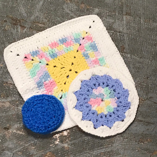 Crocheted Kitchen Set Dishcloth Rag Pot Holder Scrubbie Combo Multi Color Blue Scrubbie