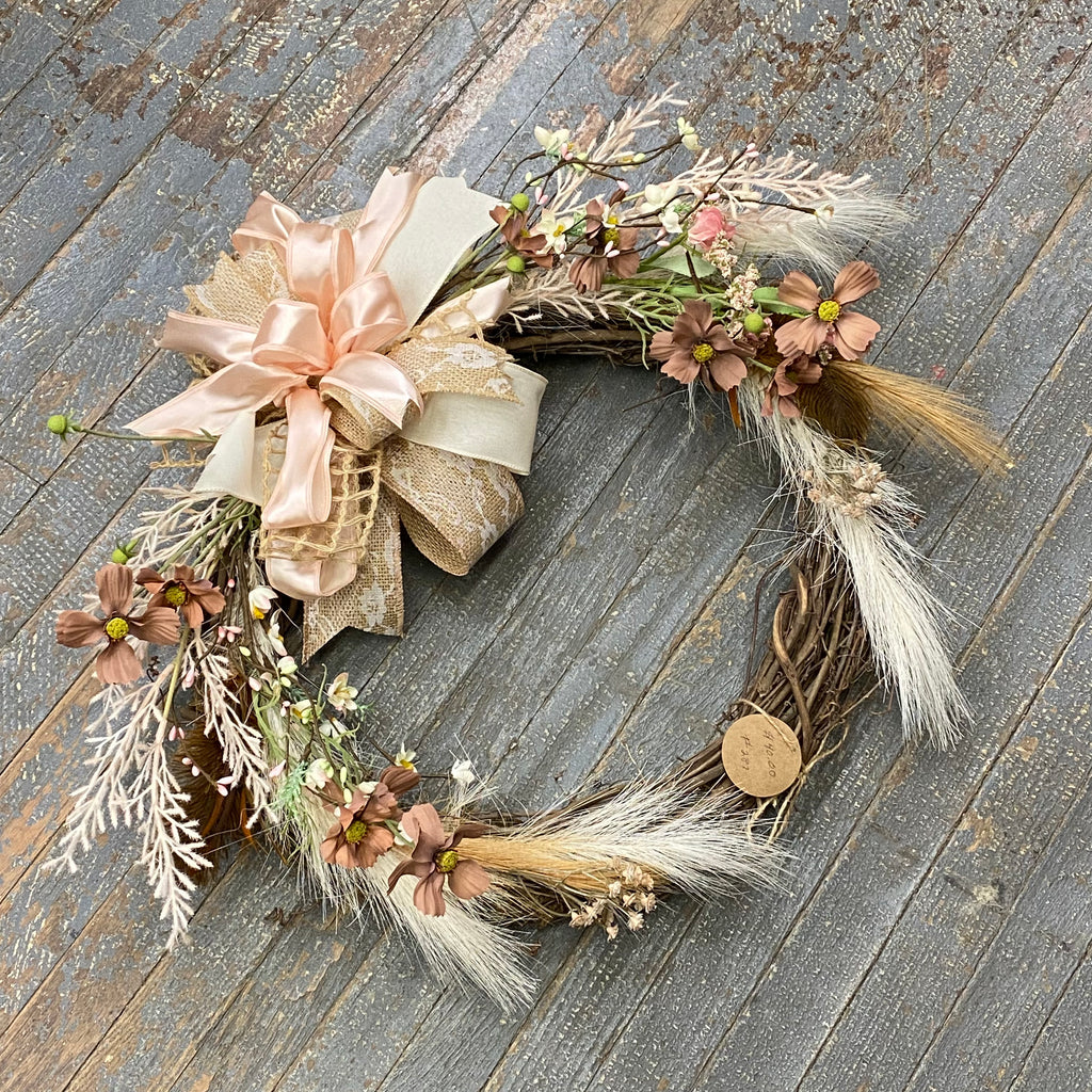 Pink Neutral Spring Floral Wheat Grapevine Holiday Wreath Door Hanger