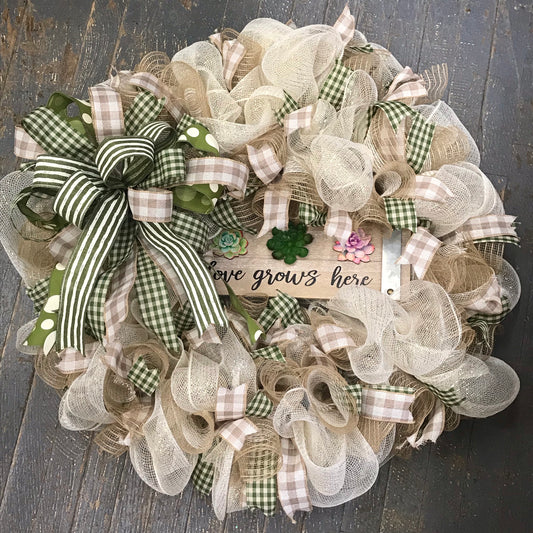 Love Grows Here Succulent Burlap Plaid Seasonal Holiday Wreath Door Hanger