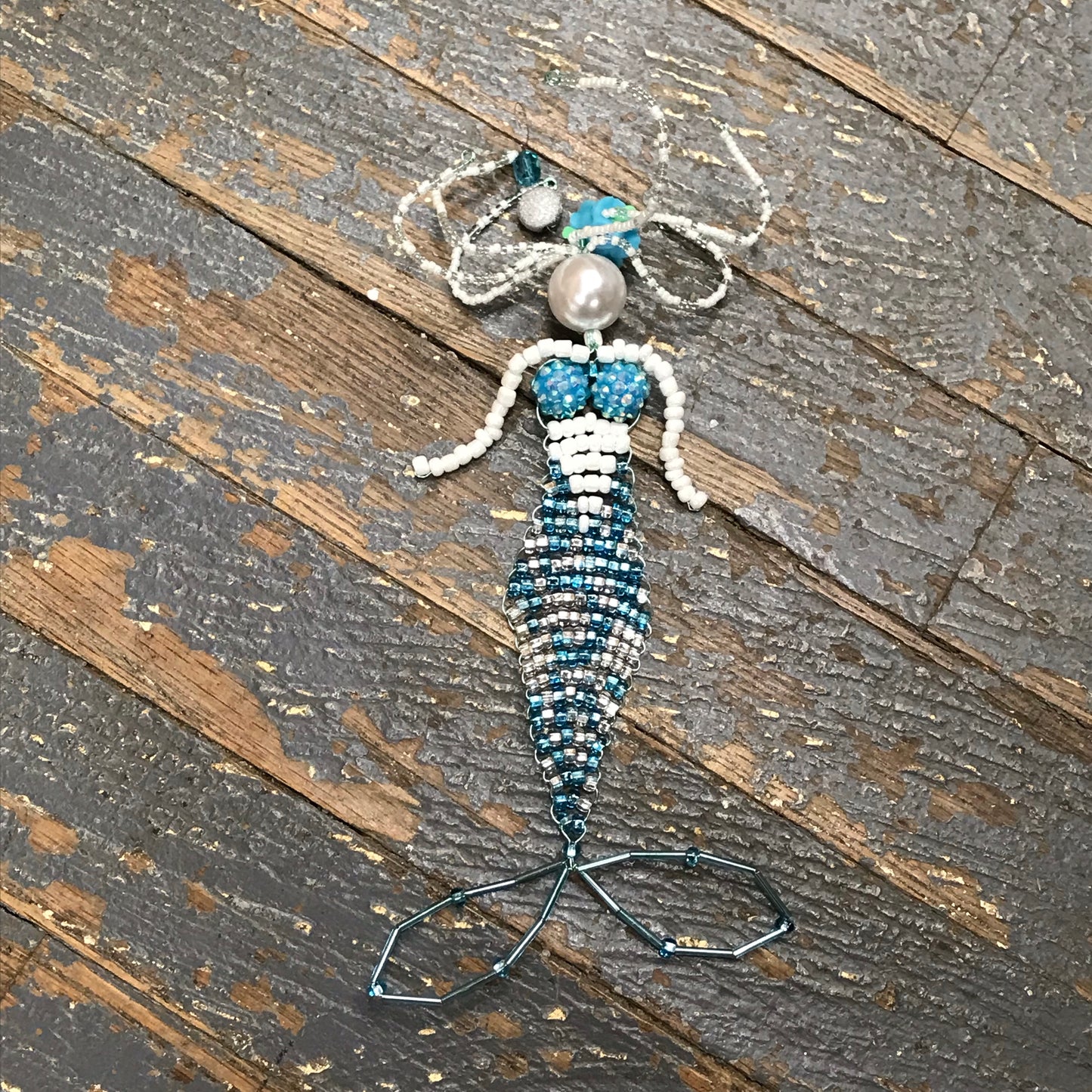 Beaded Mermaid Ocean Art with Stand Turquoise Blue Tones