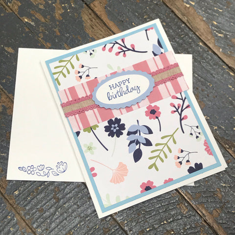 Happy Birthday Pink Blue Floral Handmade Stampin Up Greeting Card with Envelope