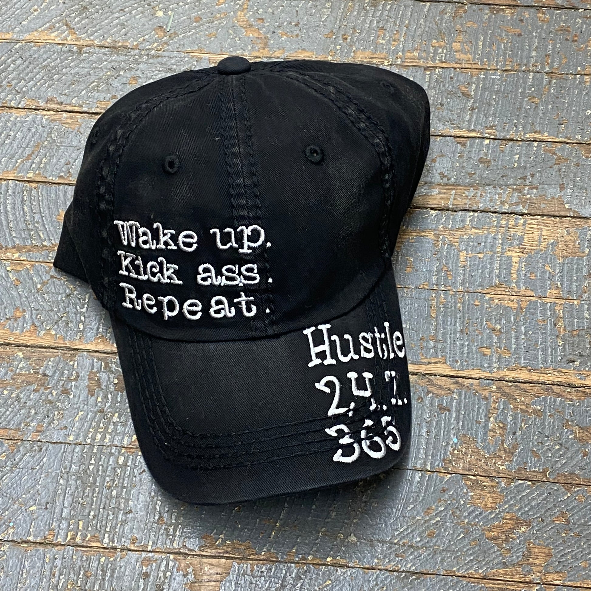 Wake Up Kick Ass Repeat Hustle Rugged Black Embroidered Ball Cap