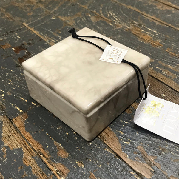 Genuine Volterra Alabaster Italian Swivel Top Trinket Box Flat Square Ivory White