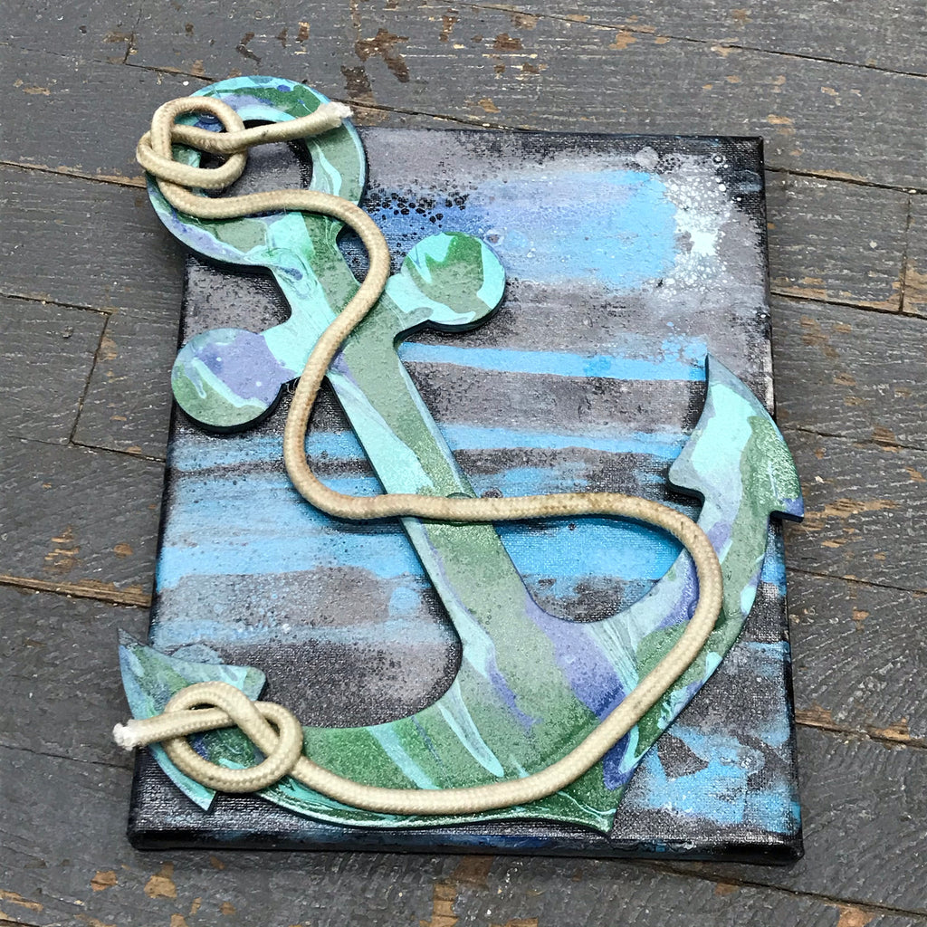 Dimensional Nautical Anchor Canvas Painted Pour Sign Wall Art Decor Grey Teal Green