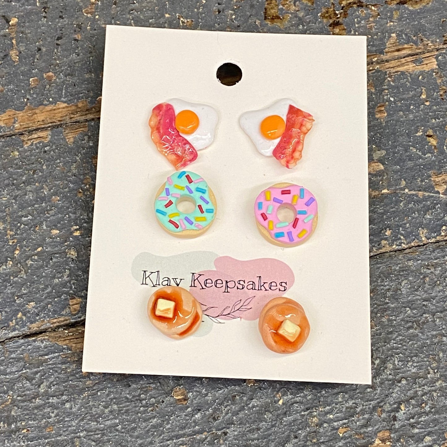 Clay 3 Pair Breakfast Bacon Egg Pancake Donut Post Earring Set