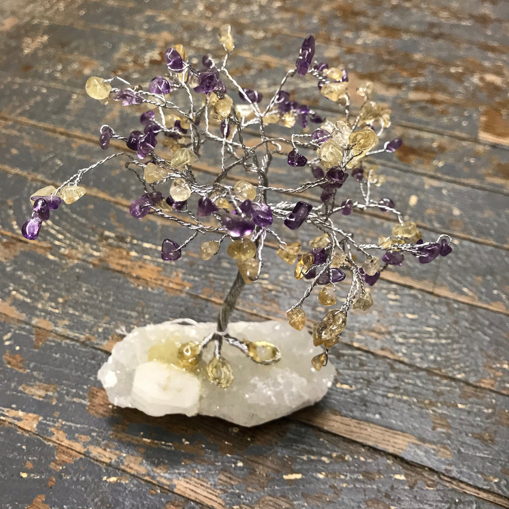 Semiprecious Natural Gemstone Wishing Tree Purple Amethyst Cytrine Silver Wire