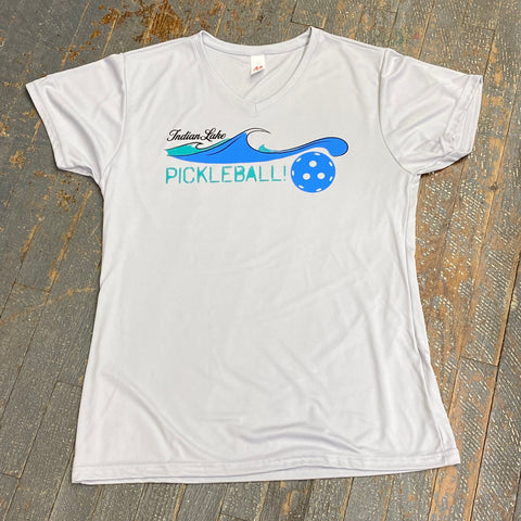 Indian Lake Pickleball Short Sleeve Ladies V-Neck Shirt Grey Graphic Designer Tee
