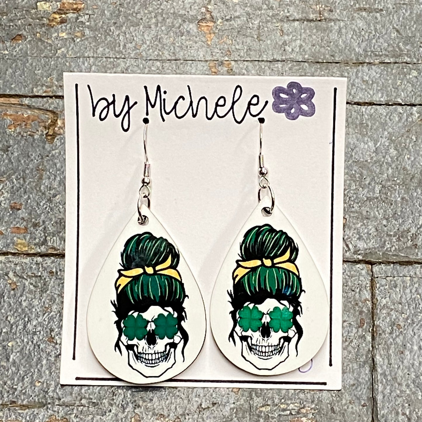 Irish Sugar Skull St Patricks Print Wood Teardrop Fishhook Dangle Earring Set