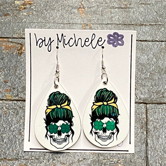 Irish Sugar Skull St Patricks Print Wood Teardrop Fishhook Dangle Earring Set