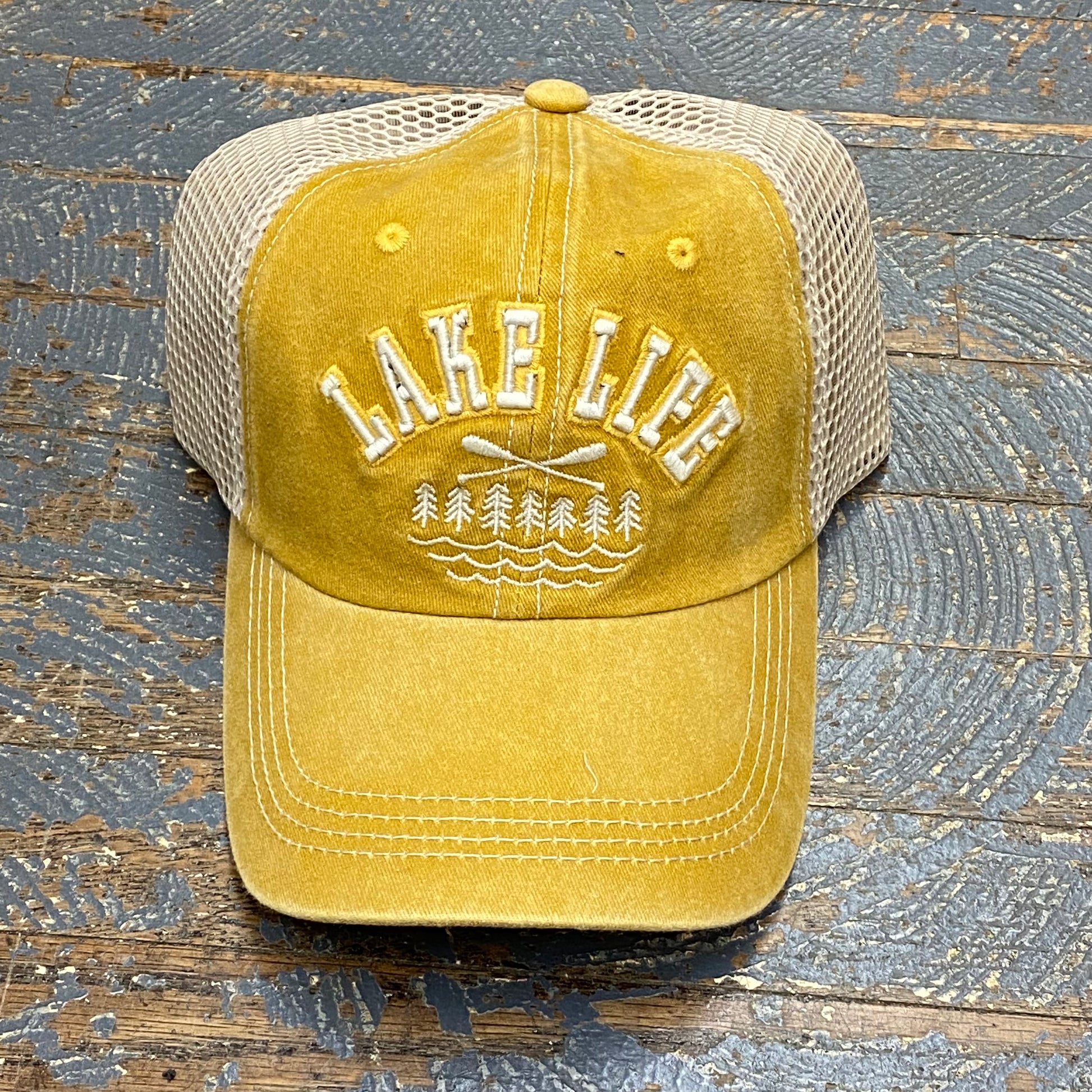 Lake Life Paddle Hat Mustard Yellow Embroidered Trucker Ball Cap