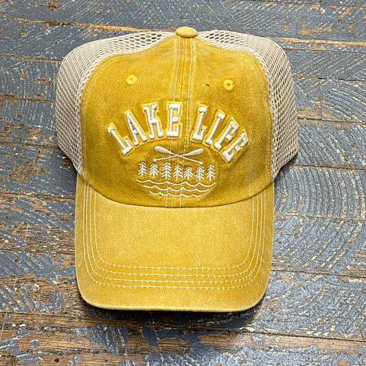 Lake Life Paddle Hat Mustard Yellow Embroidered Trucker Ball Cap
