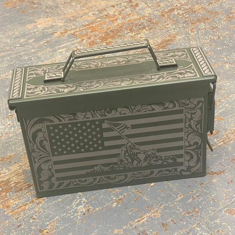 Laser Engraved Metal Military Ammo Can Small Mount Suribachi Flag Scroll
