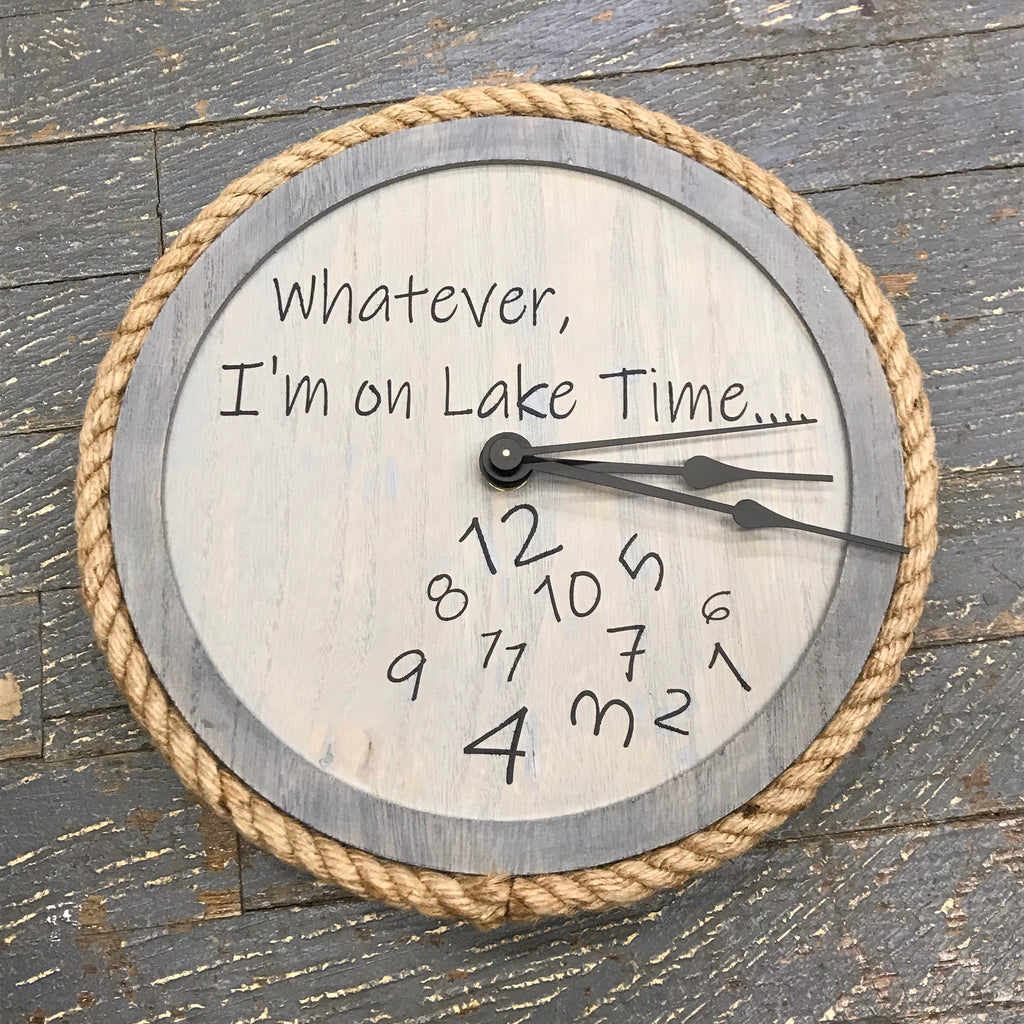 10" Round Nautical Wooden Jute Cord Lake Time Clock Painted Grey Tones