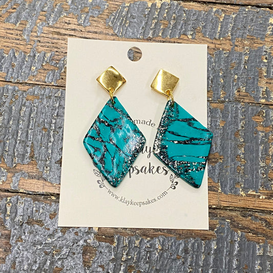 Clay Double Diamond Teal Black Gold Post Dangle Earring Set