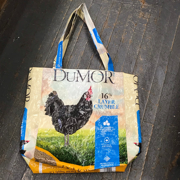 Upcycled Tote Purse Feed Bag Handmade Large Dumor Blue Chicken Seed Handle Bag