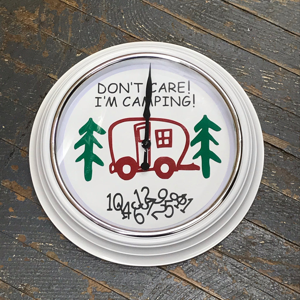 11.5" Round Ready to Hang Camper Camping Clock Don't Care I'm Camping Red Camper White Clock