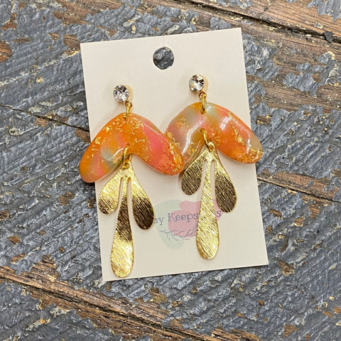 Clay Orange Coral Gold Leaf Diamond Post Dangle Earring Set