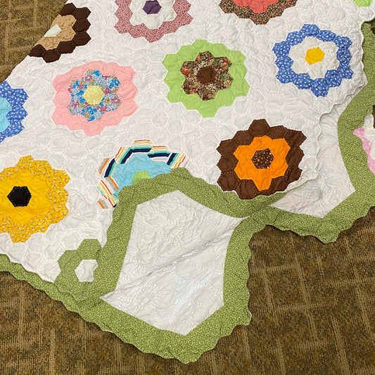 Floral Hexagon Patch Handmade Piece Quilt Cotton Blanket Throw