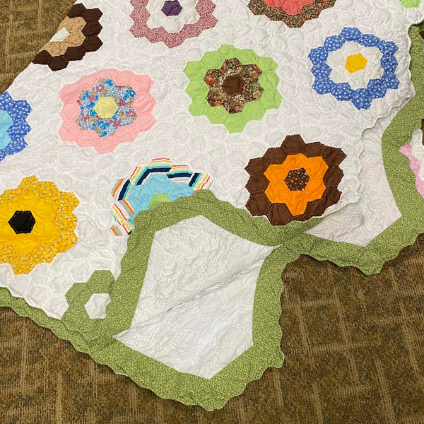 Floral Hexagon Patch Handmade Piece Quilt Cotton Blanket Throw