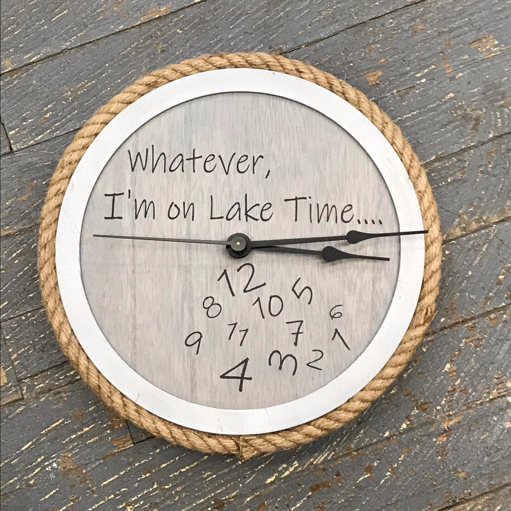 10" Round Nautical Wooden Jute Cord Lake Time Clock Painted White Washed