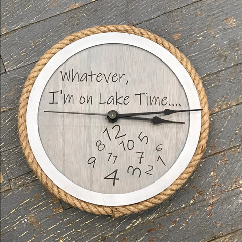 10" Round Nautical Wooden Jute Cord Lake Time Clock Painted White Washed
