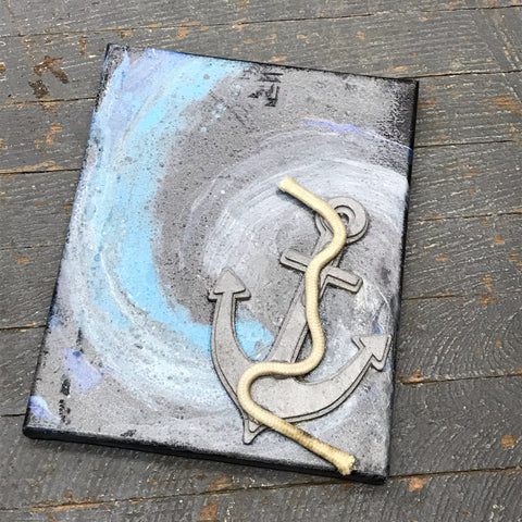 Dimensional Nautical Anchor Canvas Painted Pour Sign Wall Art Decor Grey Teal Swirl
