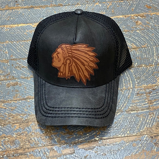 Indian Head Leather Patch Black Leather Trucker Ball Cap