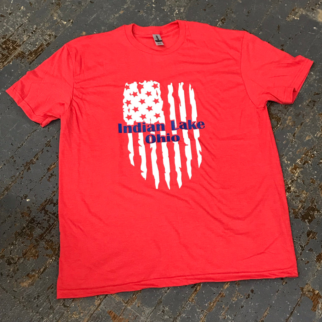 Indian Lake Ohio American Flag Vertical Short Sleeve T-Shirt Red Graphic Designer Tee