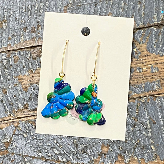 Clay Gold Glitter Blue Green Flower Pedal Teardrop Dangle Earring Set