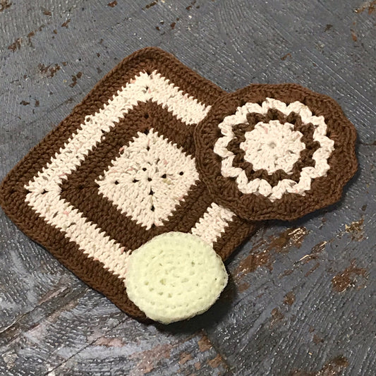 Crocheted Kitchen Set Dishcloth Rag Pot Holder Scrubbie Combo Brown Tan