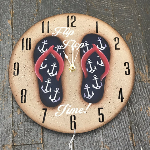 9" Round Nautical Wooden Flip Flop Clock Painted Navy Anchor Red Thong