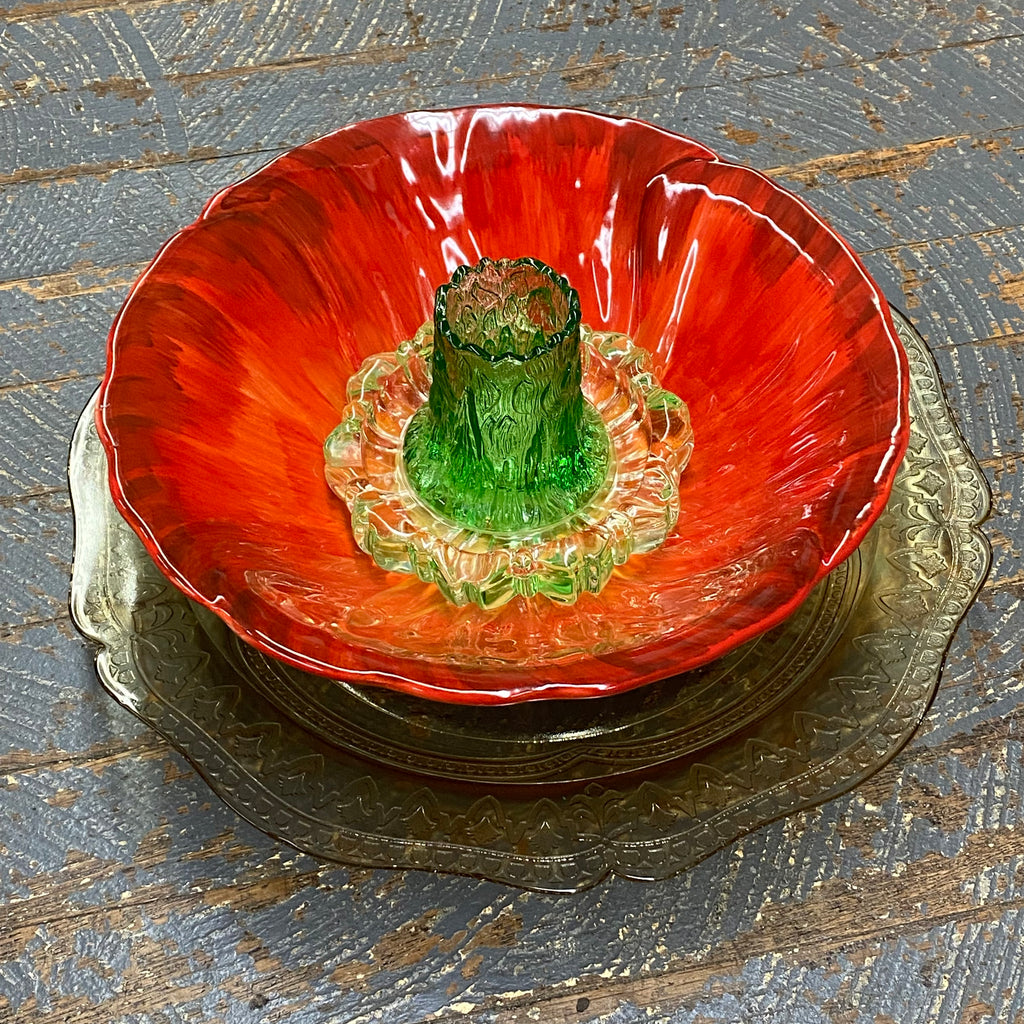 Glass Garden Flower Large Red Petal Plate Green Vase
