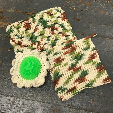 Crocheted Kitchen Set Dishcloth Rag Pot Holder Scrubbie Combo Green Brown Olive Tan