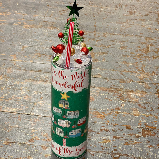 Christmas Holiday Camper Christmas Tree Garnished Lid Tall Skinny Tumbler