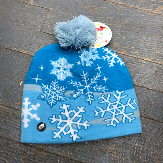 Lotsa Lights Flashing Light Up Christmas Knitted Toboggan Ball Cap Blue Snowflake