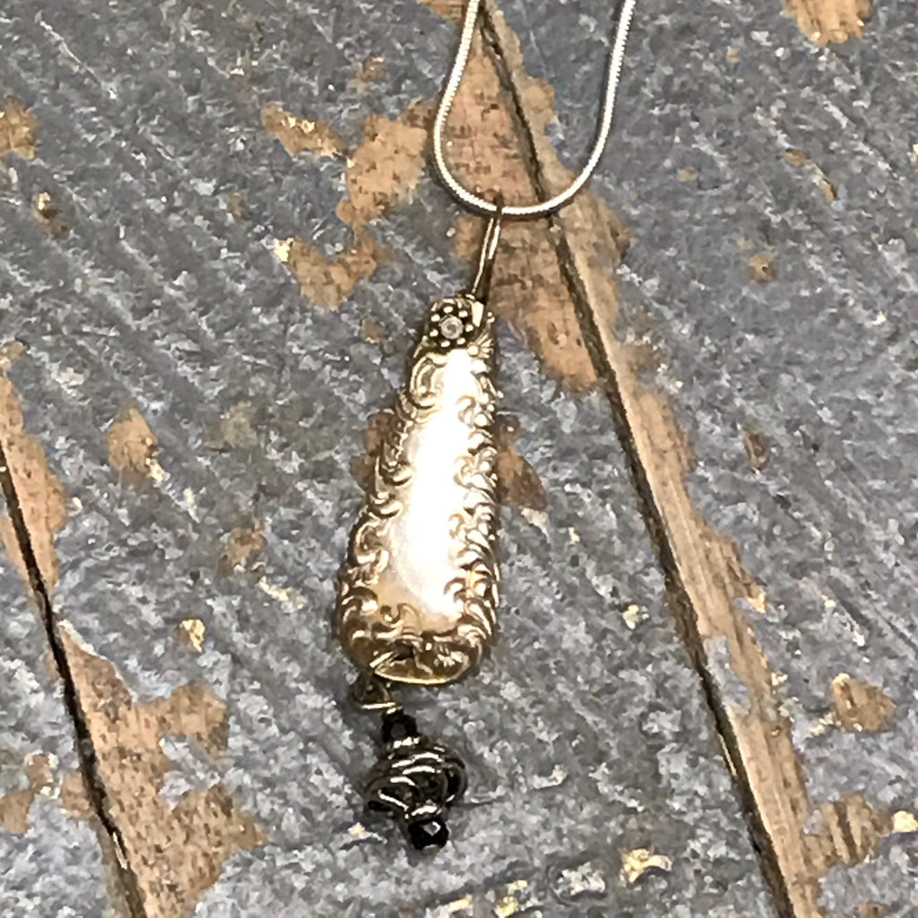 Spoon Fork Silverware Necklace Jewelry Spoon Vintage Scalloped Edge Black Dangle