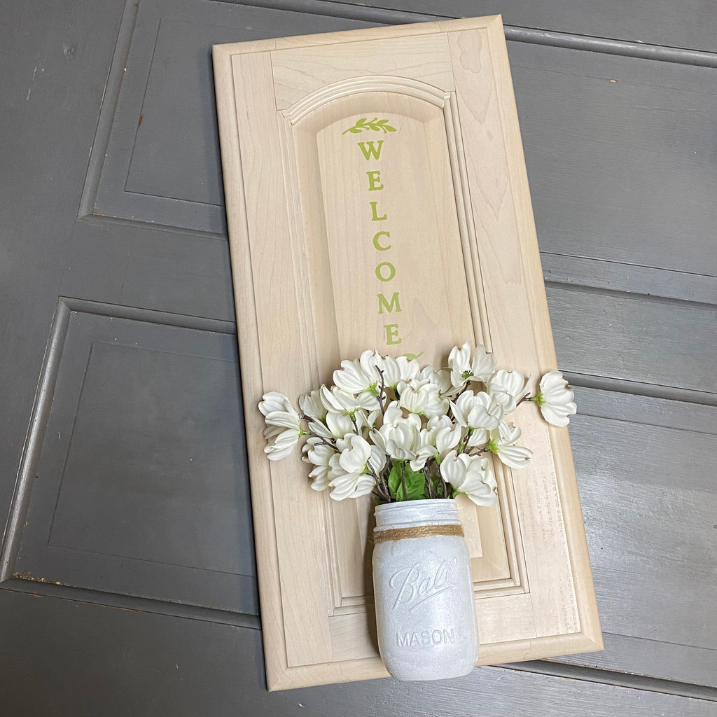 Welcome Mason Jar White Floral Wall Sign