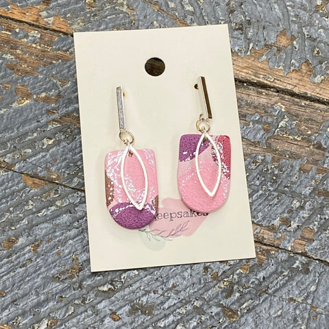Clay Silver Bar Cut Diamond Pink Purple Silver Fleck Post Dangle Earring Set