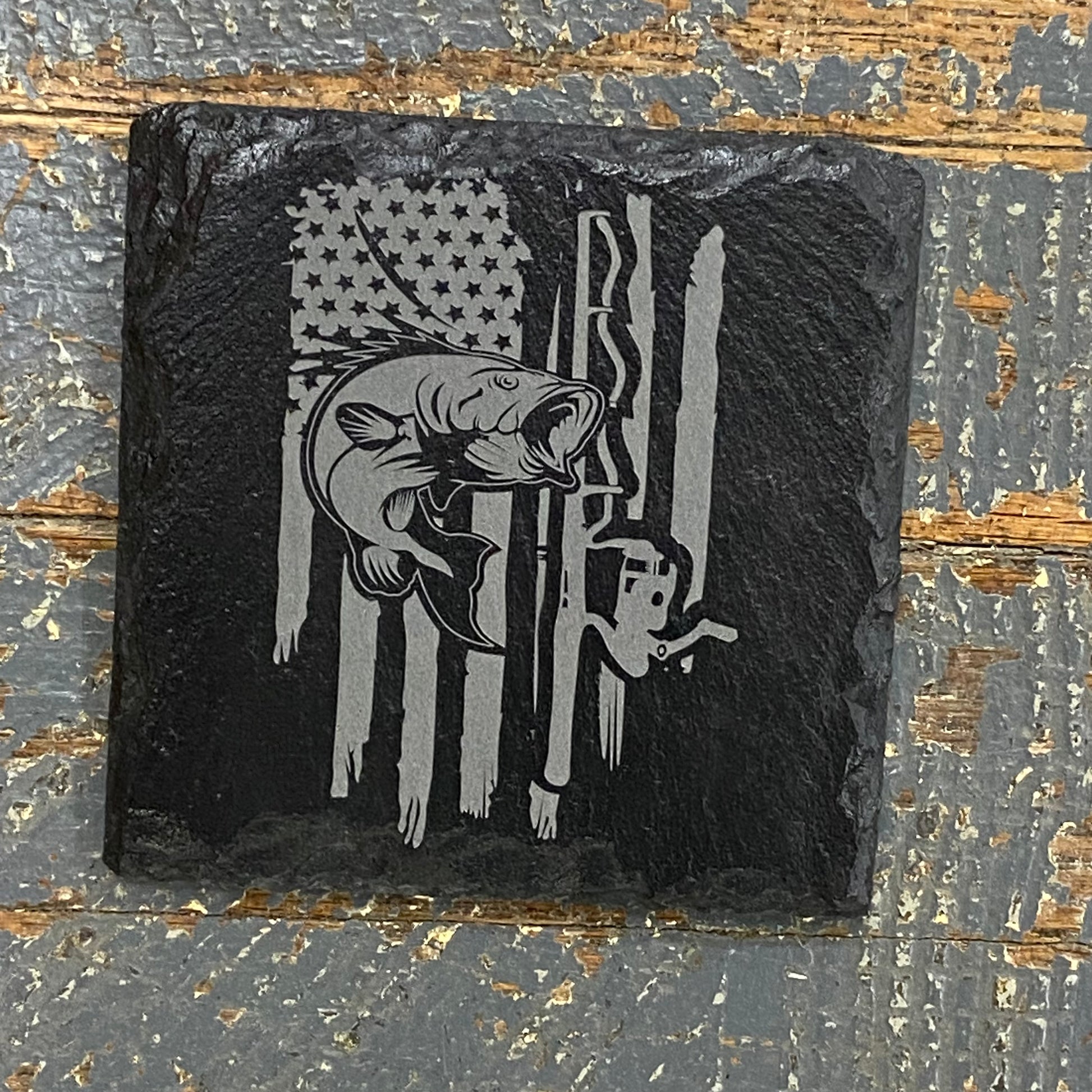 Laser Engraved Slate Tile Coaster Fishing Rod Fish American Flag ...