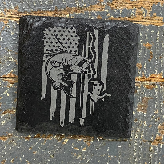 Laser Engraved Slate Tile Coaster Fishing Rod Fish American Flag