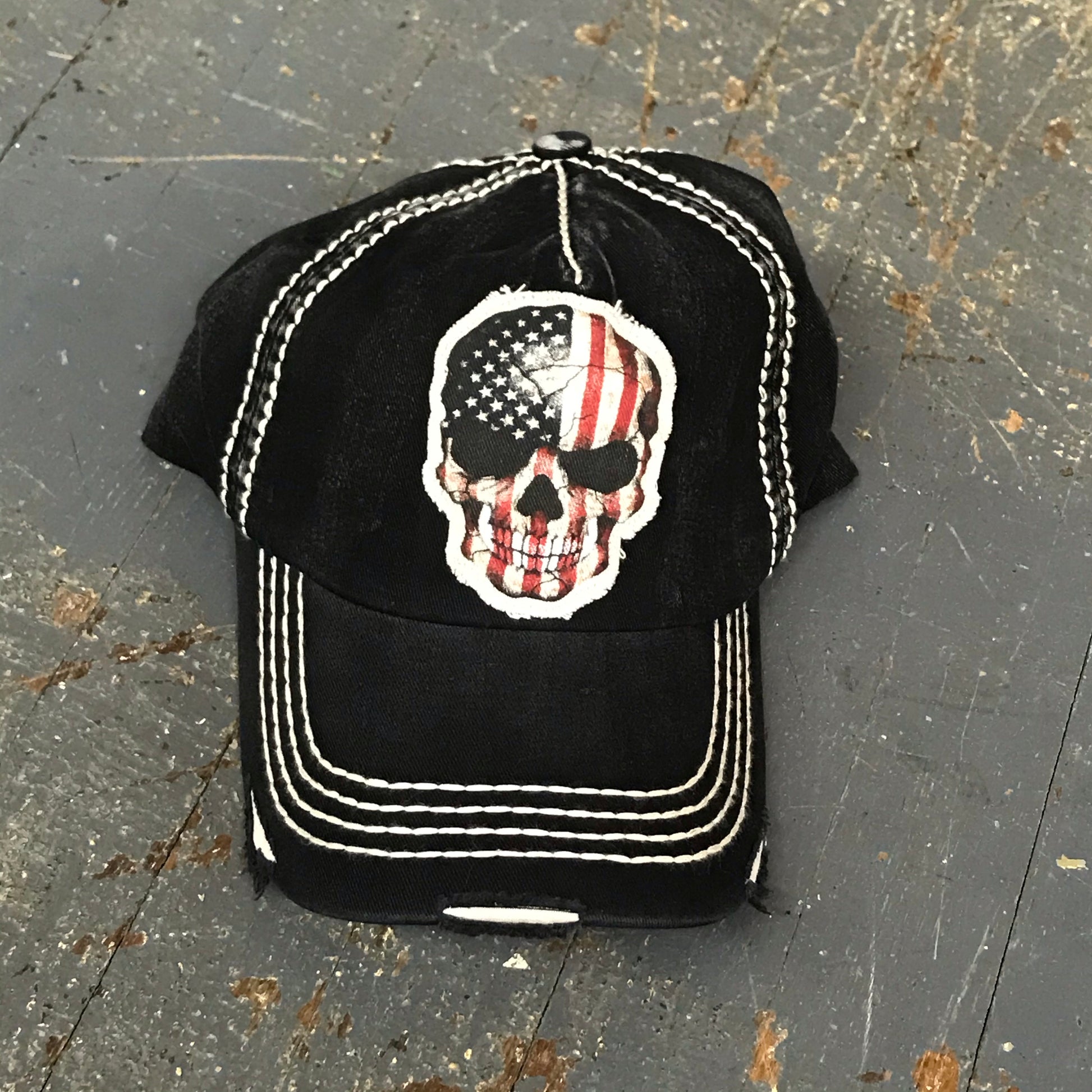 American Flag Skull Rugged Patch Black Embroidered Ball Cap